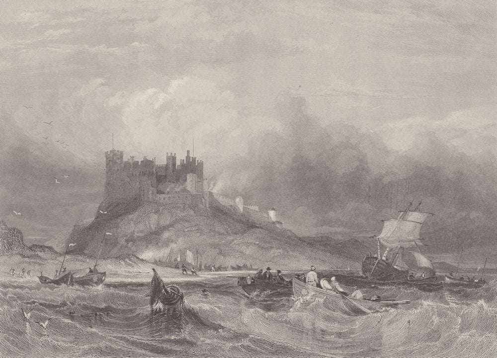 Bamburgh, from the south east. Northumberland. FINDEN 1842 old antique print